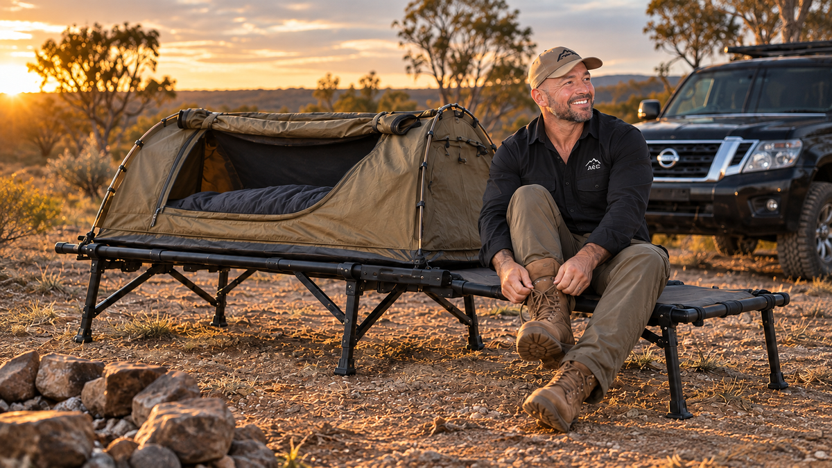 Leighton Calvert seated beside a Darche XL100 stretcher and extension supporting a khaki single swag at a South Australian campsite