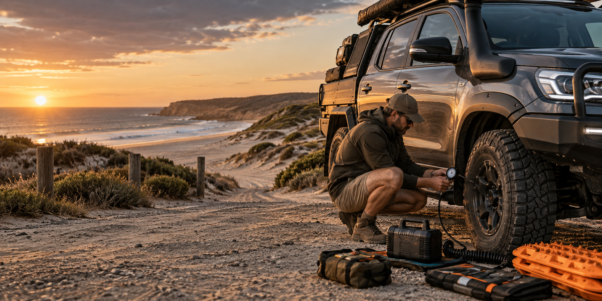 Touring 4WD airing down tyre pressure before entering a remote South Australian beach