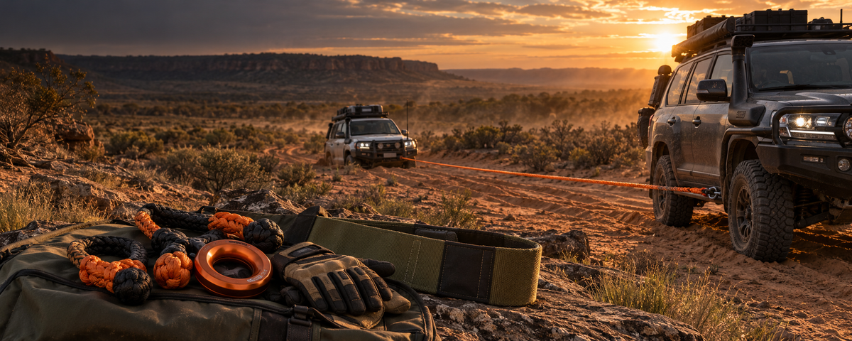 Modern lightweight 4WD recovery gear beside two touring vehicles on a South Australian outback track