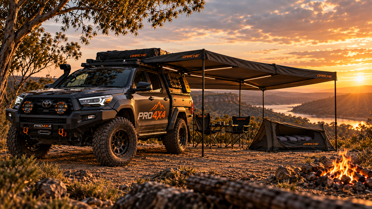 PRO4X4 touring vehicle with DARCHE 270 awning at an Australian campsite