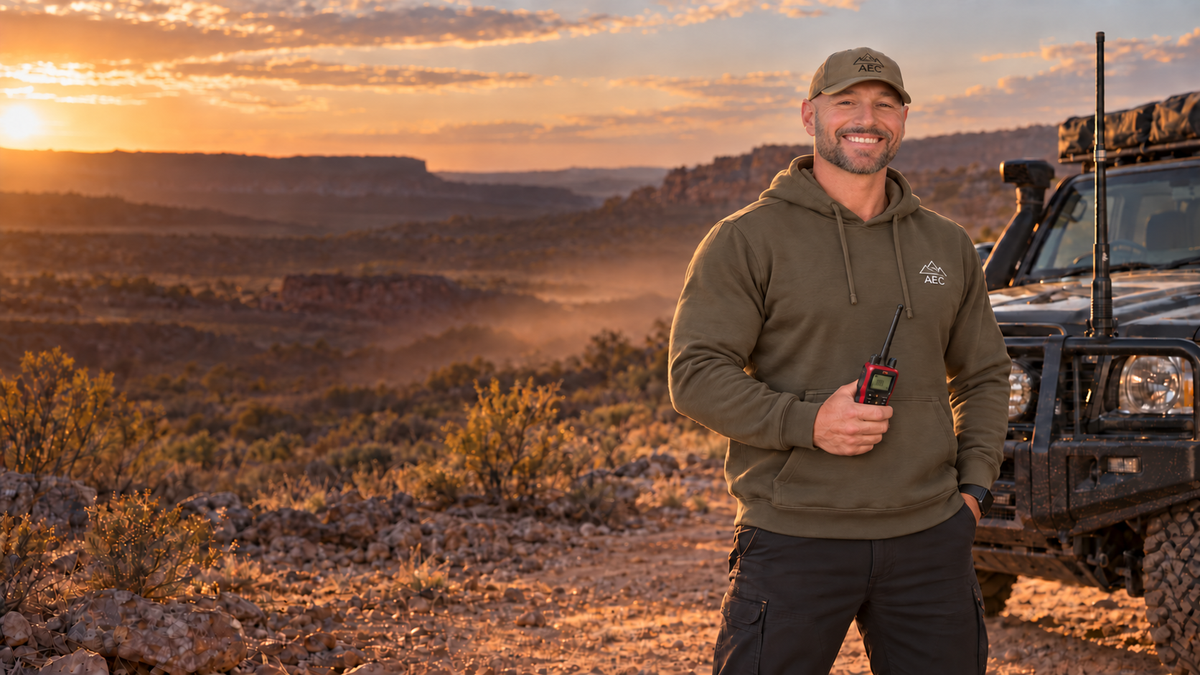 Leighton Calvert wearing an AEC khaki hoodie and holding a red handheld UHF radio beside a touring 4WD
