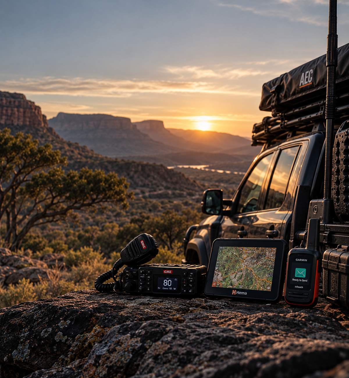 HEMA Digital touring navigation and communication gear in an Australian outback setting