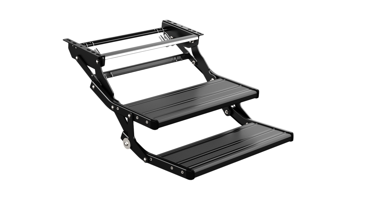 On The Road RV black double folding manual step with LED light